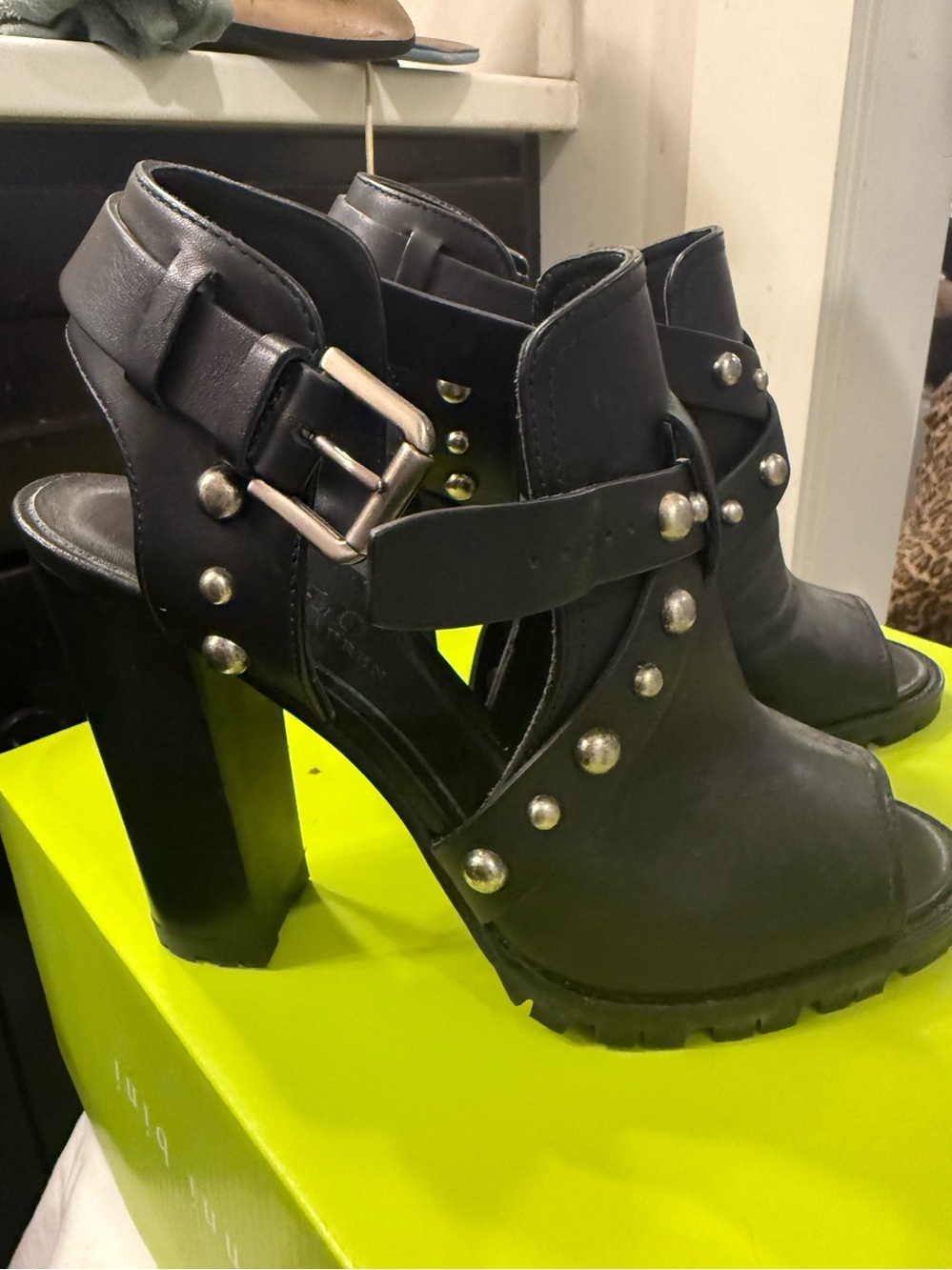 Polo Ralph Lauren Noelle Black Leather Studded Heels Sandals